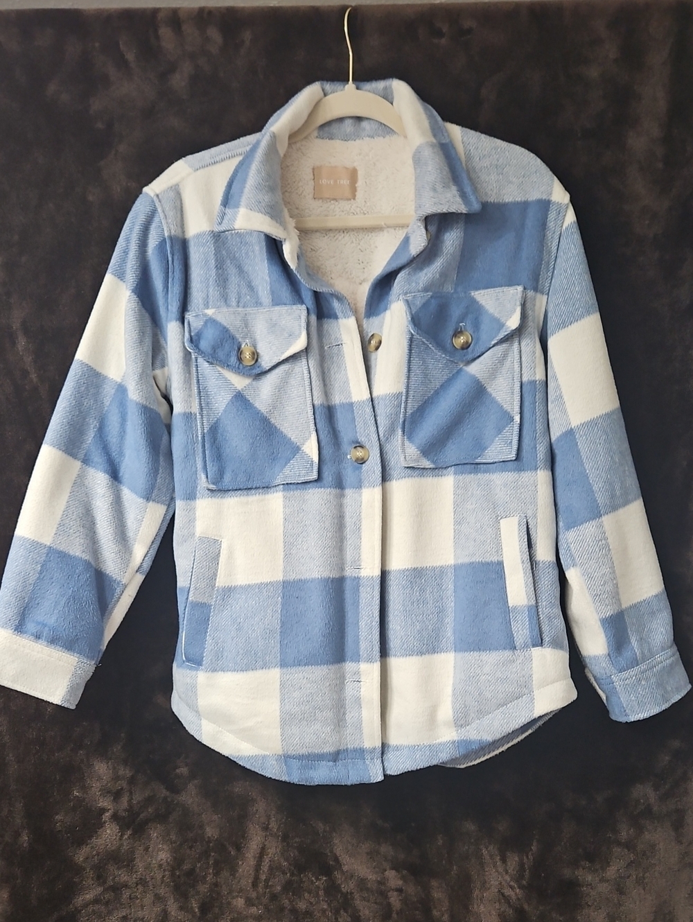 Love Tree Light Blue and White Plaid Sherpa-Lined Shacket